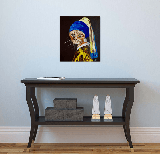 Cat with the pearl earring inspired by Vermeer painting feline art for cat lovers gift idea