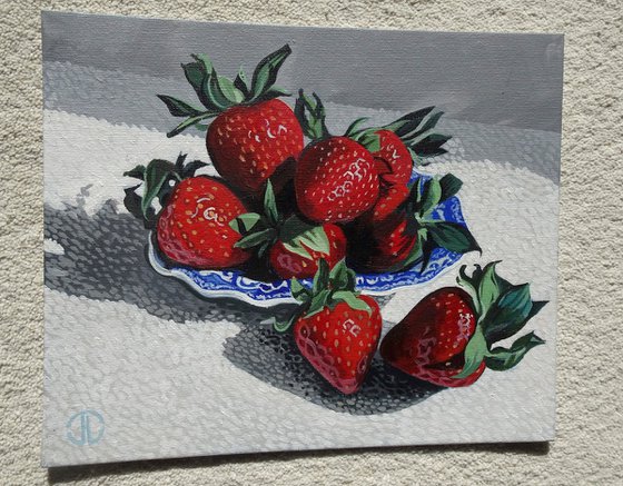 Strawberries on Blue And White Dish