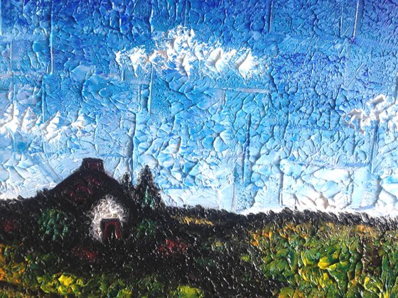 "My Secret Cottage" - Original PMS Micro Painting on Glass, Framed - 11" x 9"