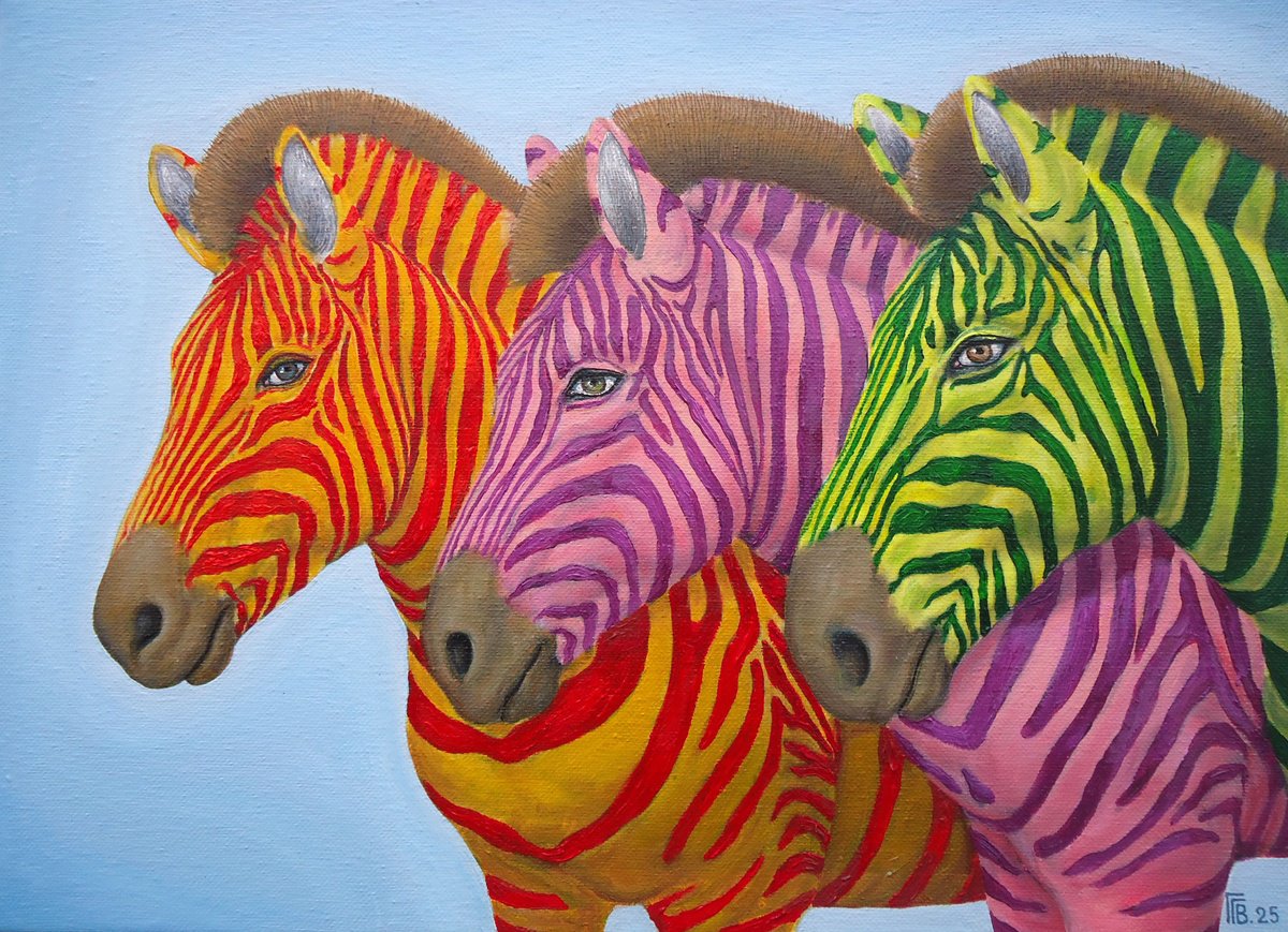 Urban And Pop Animal Oil Painting By Grigor Velev, 16 X 12, Technicolor Trio, Original Artwork