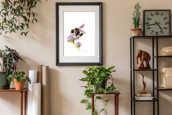 Bumblebee on Flowers Watercolor Painting