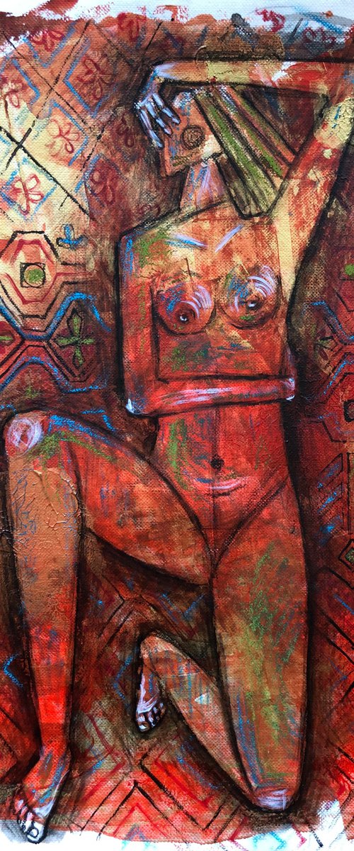 “The shame” small red painting by Yuliia Chaika