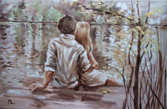 COMMISSION " OUR SECRET PLACES ...I "- 90 x 60 cm AUTUMN LAKE SKY liGHt  valentines day couple ORIGINAL OIL PAINTING, GIFT, PALETTE KNIFE