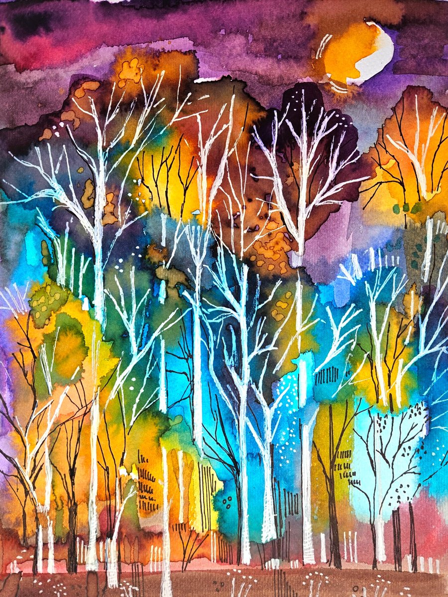 Illustrative Botanical Painting By Simon Tunde, 8 X 12", My Beloved Birch Trees, Original Artwork