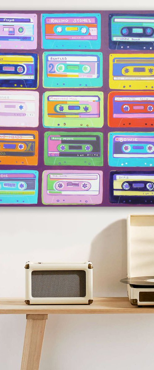All in the mix #3 (cassette tapes, retro music, 70's, 80's rock culture, large canvas artwork) by Carolynne Coulson