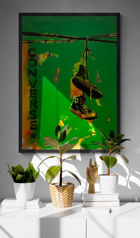 Green vertical painting - "CONVERSE" - Pop Art - Street Art - Sneakers - Urban Art - Electric wires