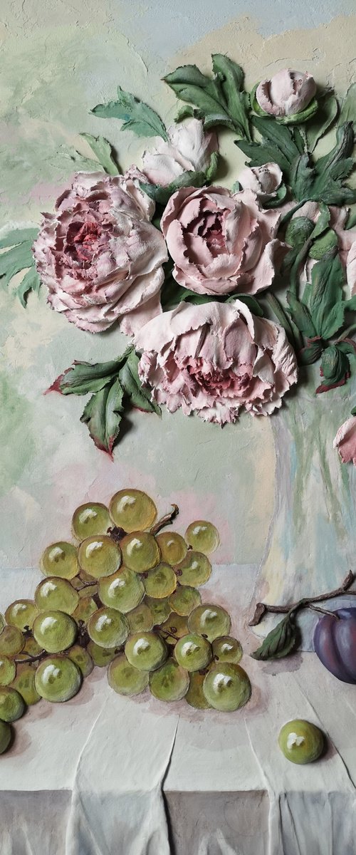 Still life with grapes and peonies - Fresh cut flowers and ripe fruit are always on your table, 70x50x6 cm depts by Irina Stepanova