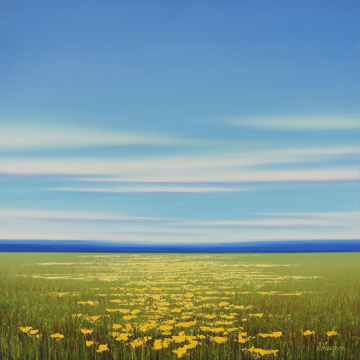 Impressionistic Landscape Oil Painting By Suzanne Vaughan, 20 X 20", Yellow Flowers - Flower Field, Original Artwork