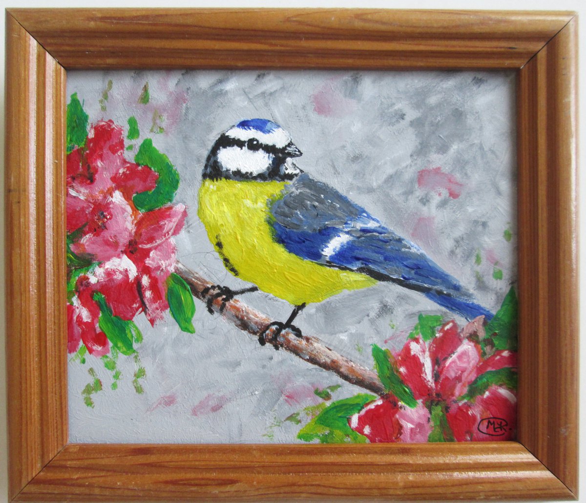 Bluetit garden bird small painting - Framed by MARJANSART