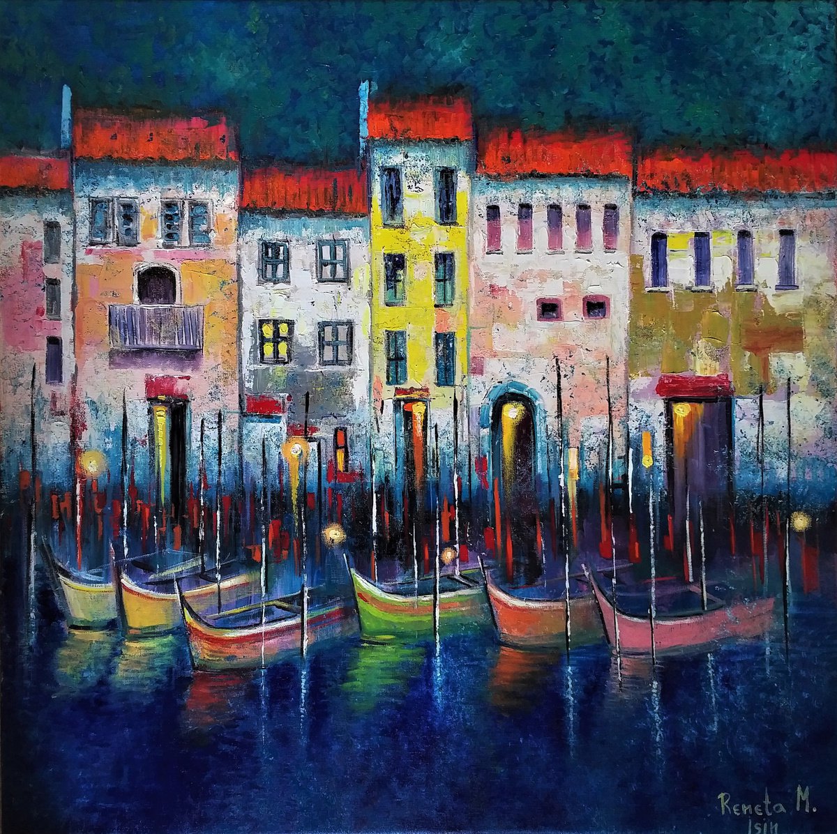 Expressive Cityscapes Oil Painting By Reneta Isin, 31 X 31", " Procida Island " - Naples, Italy, Original Artwork