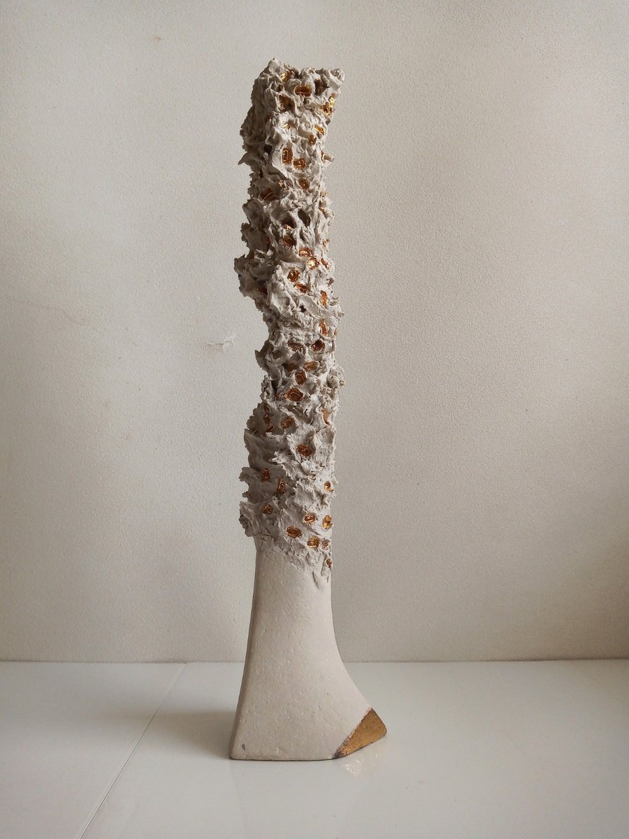 Abstract Clay Sculpture By Rossitza Trendafilova, 3 X 13", "Golden Figure Ii", Original Artwork