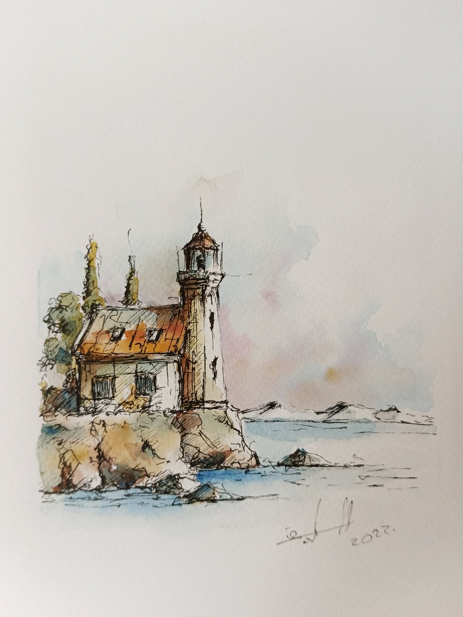 Csene from Croatian coast. Adriatic sea. Lighthouse by Marinko �aric
