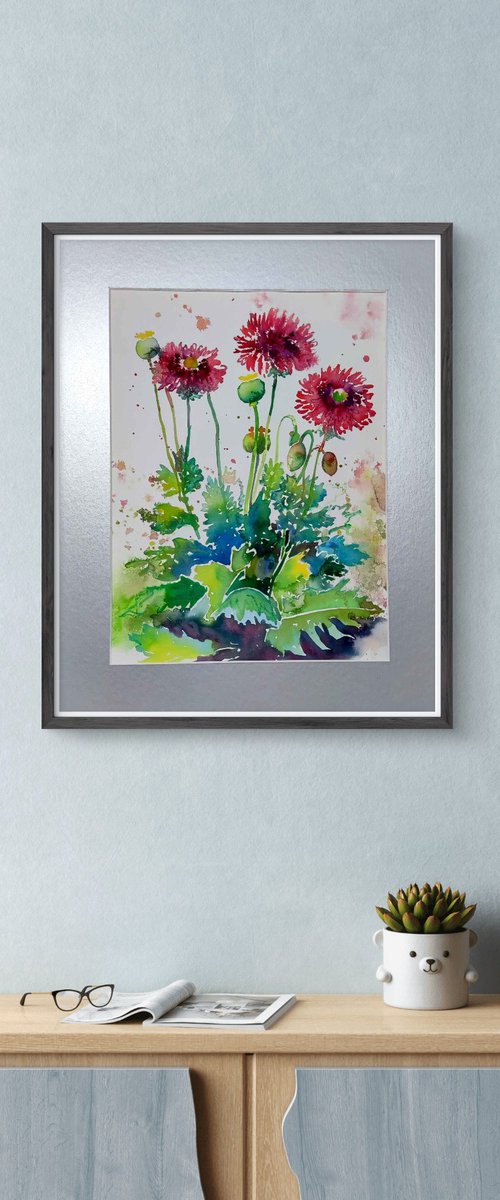 Wild Poppies Watercolor by Ion Sheremet