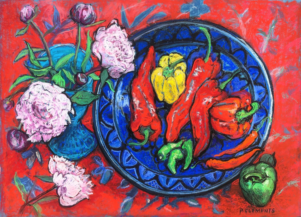 Impressionistic Still Life Pastel Drawing By Patricia Clements, 27 X 19", Peonies And Peppers Still Life, Original Artwork