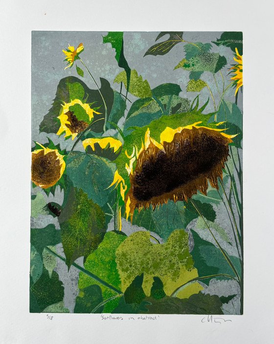 Sunflowers in Abstract Linocut Print