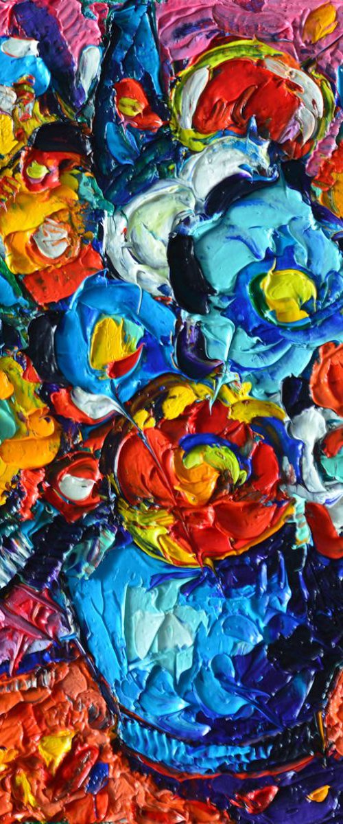 BLUE POPPIES AND WILDFLOWERS - abstract modern impressionist floral miniature original palette knife oil painting by ANA MARIA EDULESCU