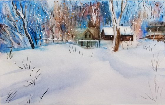 Winter Landscape #1. Original Watercolor Painting on Cold Press Paper 300 g/m /140 lb/m. Landscape Painting. Wall Art. 7.5" x 11". 19 x 27.9 cm. Unframed and unmatted.