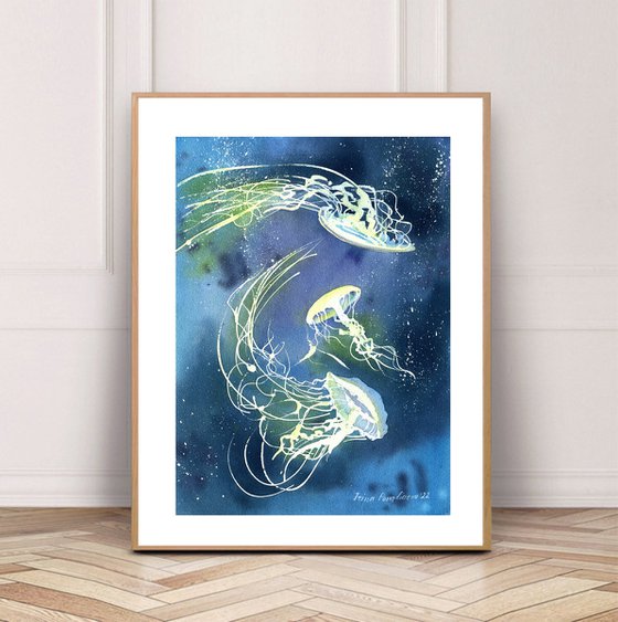 Nautical paintings with glowing jullyfishes sea animals artwork waal decor for kids room, gift idea