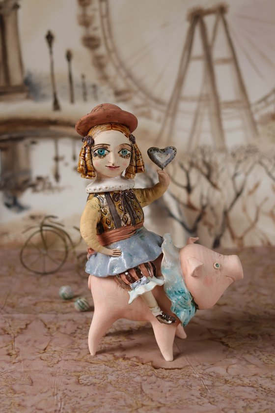 Vintage dressed girl riding the pig. From "Le Carousel, Hommage à l'Innocence" project by Elya Yalonetski