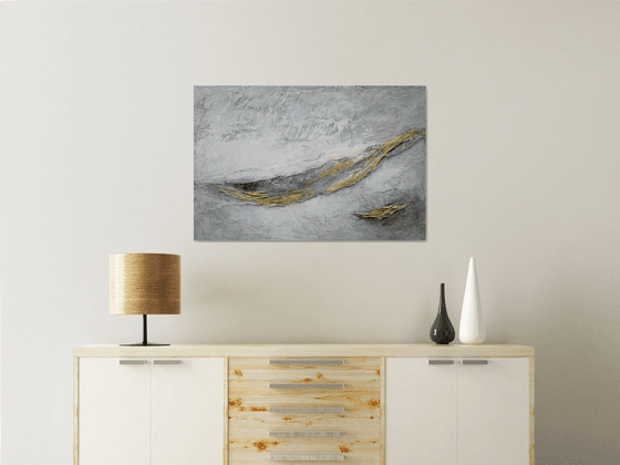 Large Abstract Large Large Abstract Painting. Gray and Gold, White. Modern Textured Art. Abstract Landscape