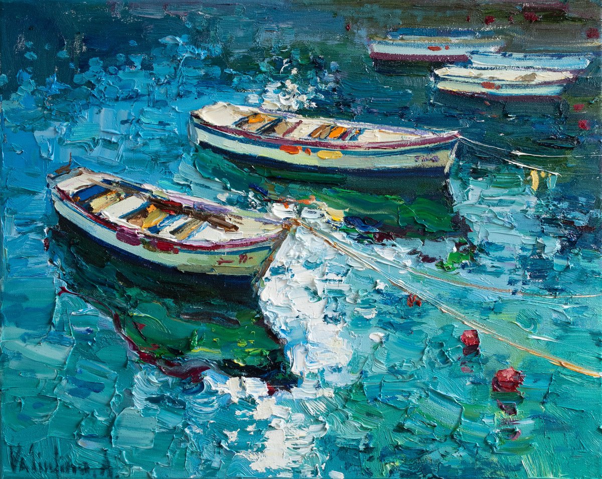Boats Original impasto oil painting Oil painting by Anastasiia