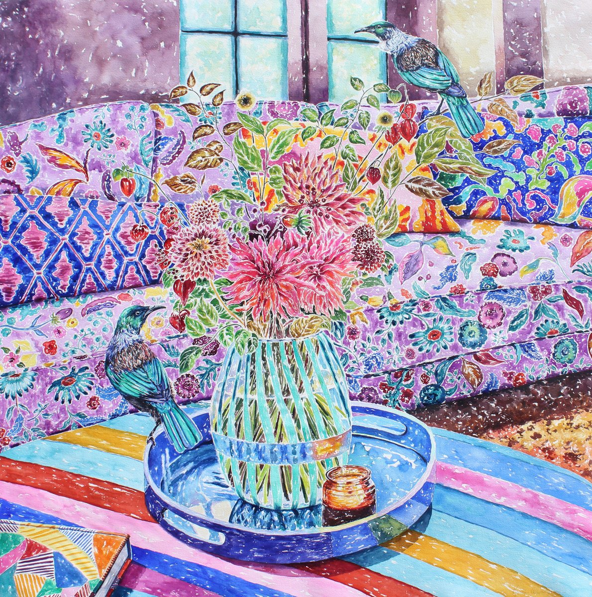 Impressionistic Animal Watercolour By Kristen Olson Stone, 52 X 52", Tui Flowers, Original Artwork