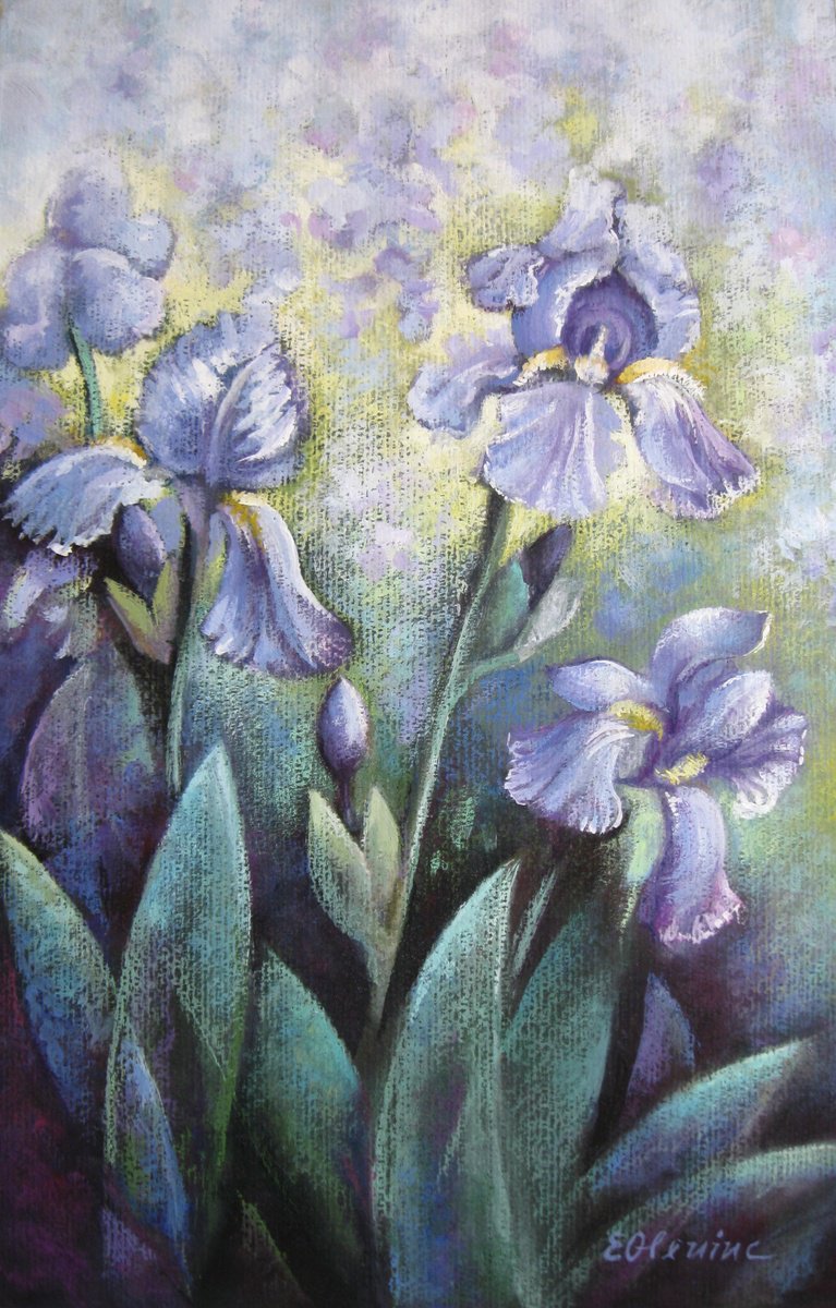 Impressionistic Botanical Painting By Elena Oleniuc, 13 X 20, Irises In The Garden, Original Artwork