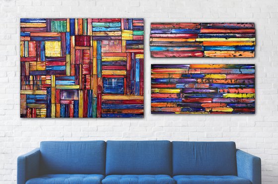 "Building A Fortress" - Original Xt Large PMS Abstract Triptych Oil Paintings On Canvas, Wooden Panels and Wooden Pieces - 108" x 48"