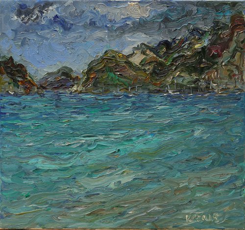 MARMARIS BAY - landscape oil painting, marina seascape, beach,  boat, turkish Turkey bay - home decor interior art  65x70 by Karakhan