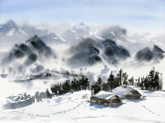 Alpine chalet original artwork, medium watercolor painting in nature colores