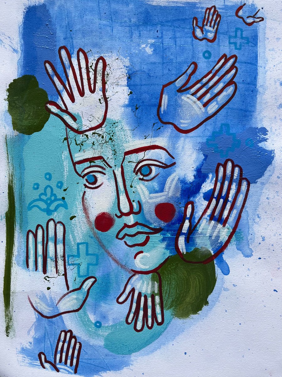 Abstract Portrait Acrylic Painting By Yuliia Chaika, 12 X 16", Blue Sun, Original Artwork