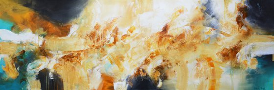 Yellow and blue Abstract Painting ready to hang - Sea caves (24" x 72" - 60 cm x 182 cm)