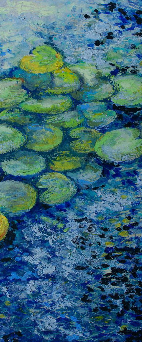 Oil pastel drawing on lily pads on the pond by Liliya Rodnikova