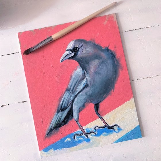 Crow black bird on pink. Original Oil Painting.