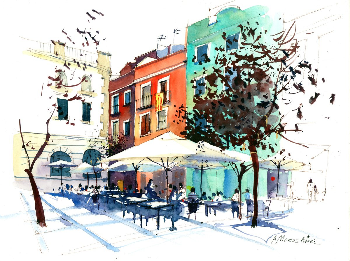 Impressionistic Cityscapes Watercolour By Anastasia Mamoshina, 16 X 12, Street Cafe In Figueres, Original Artwork