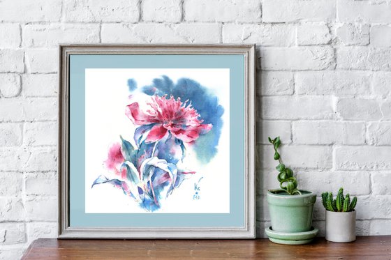 "Scent of a peony flower on a summer evening" original botanical watercolor square format