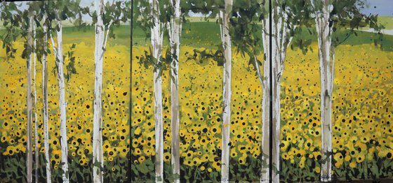 Sunflowers composed with trees