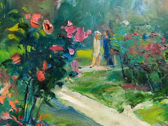 Impressionistic etude . Large 80x65 cm. Walk in the rose garden . Original oil painting