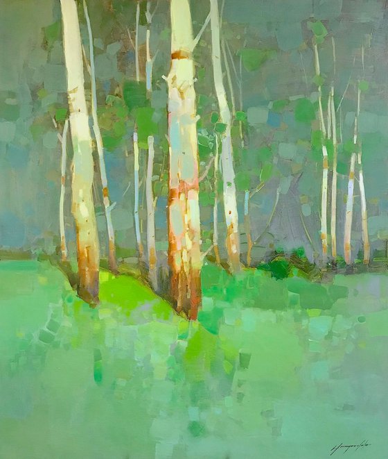 Birches in Cobalt, Landscape Original oil painting, One of a kind Signed