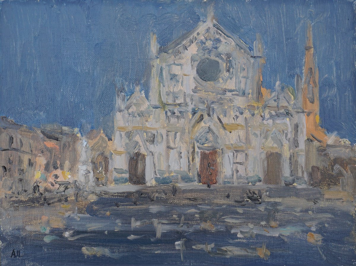 Impressionistic Cityscapes Oil Painting By Alex James Long, 9 X 7, Nocturne Santa Croce Florence, Original Artwork