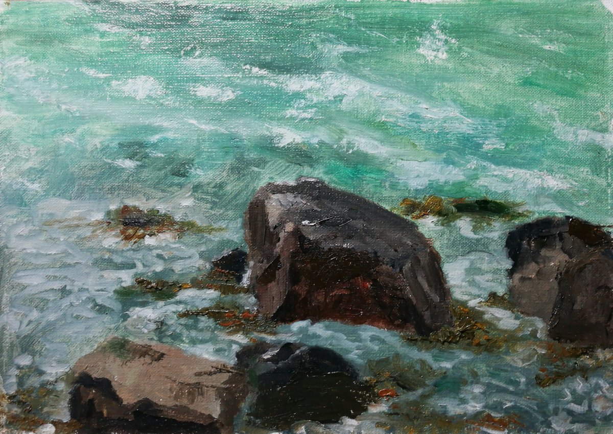 Impressionistic Landscape Oil Painting By Daniela Roughsedge, 12 X 8, Shoreline At Lobster Bay, Original Artwork