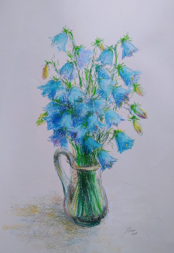Bluebells flowers. Pastel drawing on bluish paper. 48х65