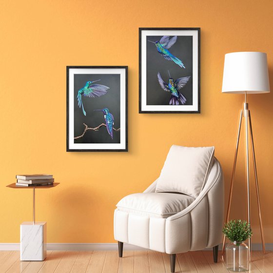 Colibri Flowers Diptych Pastel