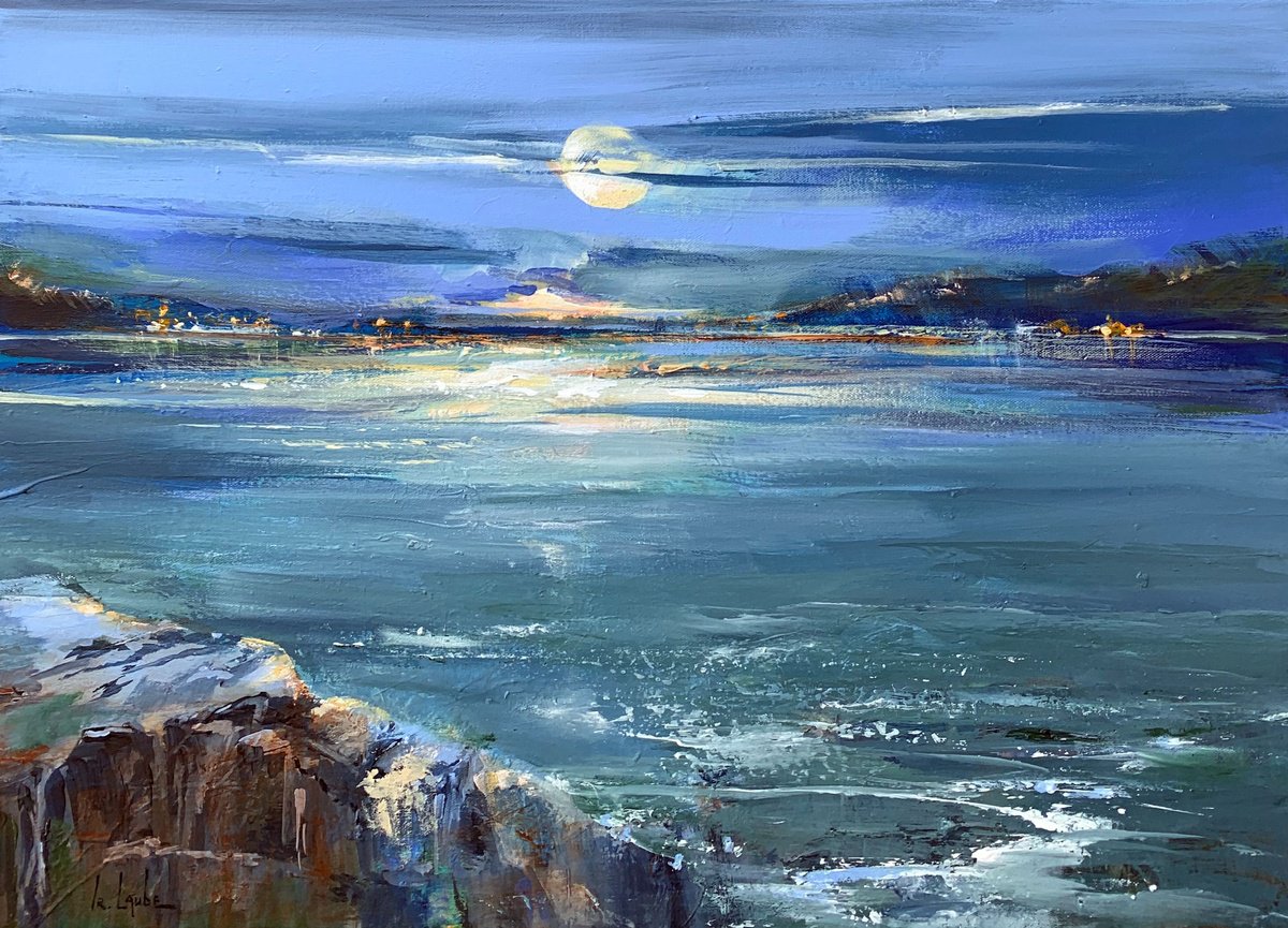 Impressionistic Landscape Acrylic Painting By Irina Laube, 28 X 20, Moonlight Night, Original Artwork