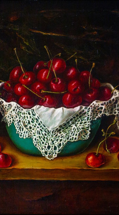 Cherries in a turquoise bowl. by Inga Loginova