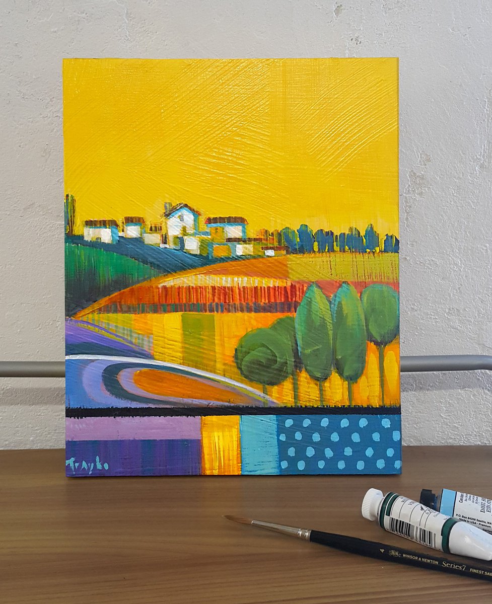 Impressionistic Landscape Acrylic Painting By Trayko Popov, 8 X 10", Village On The Hill, Original Artwork