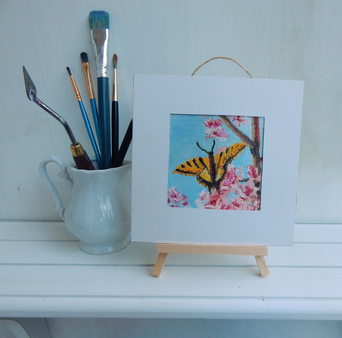 Butterfly on the tree. Miniature. Easel is included. Gift painting. Ready to hang. by Vita Schagen