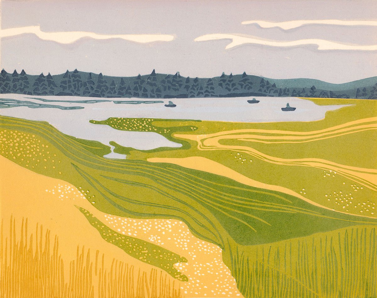Landscape Linocut By Kate Goetz, 13 X 11", Leighton Lake, Bc, Original Artwork