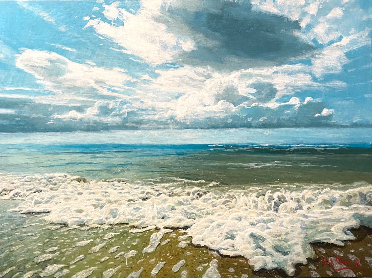 Impressionistic Landscape Acrylic Painting By Paul Cheng, 48 X 36", Sunshine Ocean Ebb, Original Artwork