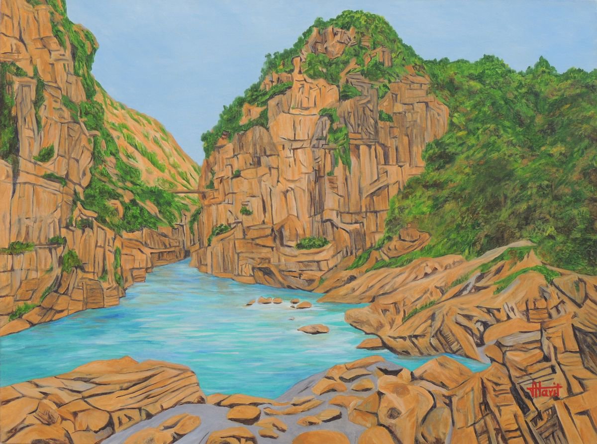 Expressive Landscape Oil Painting By Ajay Harit, 40 X 30, Making Its Way- Alaknanda, Original Artwork